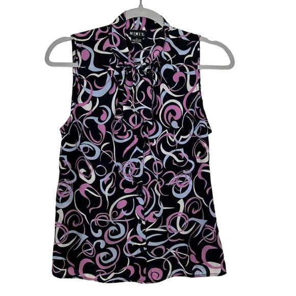 Mixit Women's Sz 8 Mod silk sleeveless button up bow collar tie office blouse - Picture 1 of 10